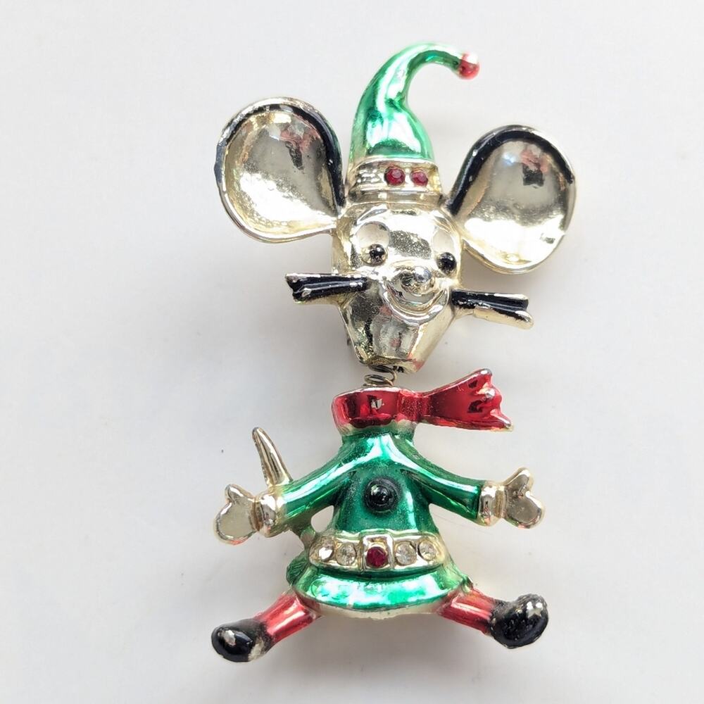 Vintage  JJ Silver Tone Whimsical Spring Bobble Head Christmas Mouse Brooch